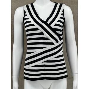 August Silk Top Womens Large Black White Stripe Sleeveless Knit Tank Cotton Work